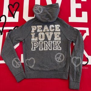 Victoria’s Secret PINK Rhinestone Bling Peace Love Pink Full Zip Hoodie Y2K